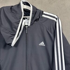 Adidas Track Jacket Mens Large Black White 3-Stripe Hooded Full Zip Excellent